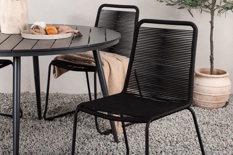 Break rundt udendørs spisebordssæt 120 cm + 4 Lindos stabelbare stole - Sort - Havemøbler - Udendørsgruppe - Havesæt