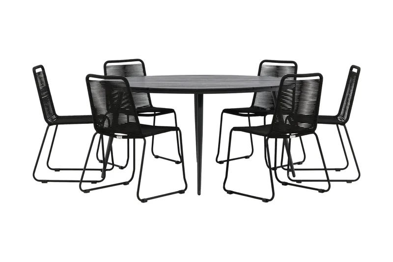 Break Spisebordssæt Ø150cm + 6 Lindos Stabelbare stole, Sort
