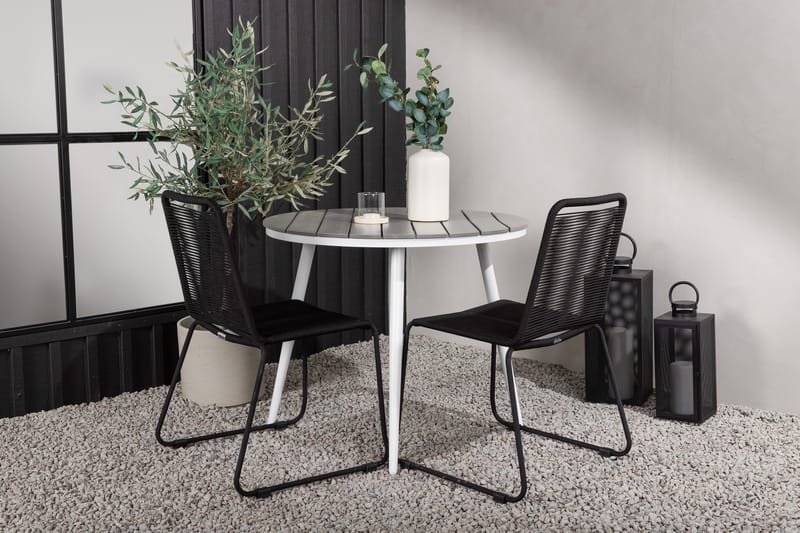 Break Spisegruppe Rund 90 cm + 2 Lindos Stabelbar stol - Sort/Grå - Havemøbler - Balkon - Balkonmøbler - Altansæt