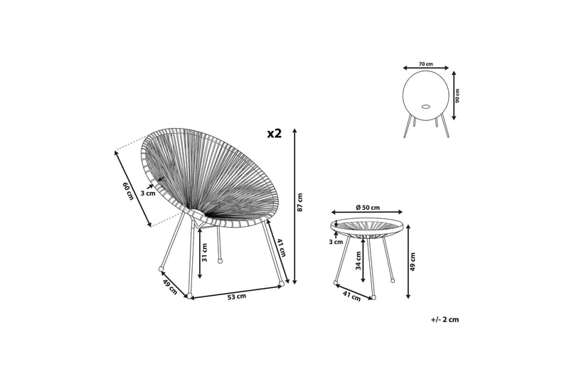 Cayaco Balkonsæt 70 cm + 2 Stole - Polyrattan/Sort - Altansæt - Cafesæt