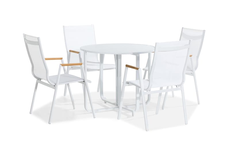 Flippy Cafésæt 90 Rund + 4 Las Vegas Armstol - Hvid/Teak - Havemøbler - Balkon - Balkonmøbler - Altansæt
