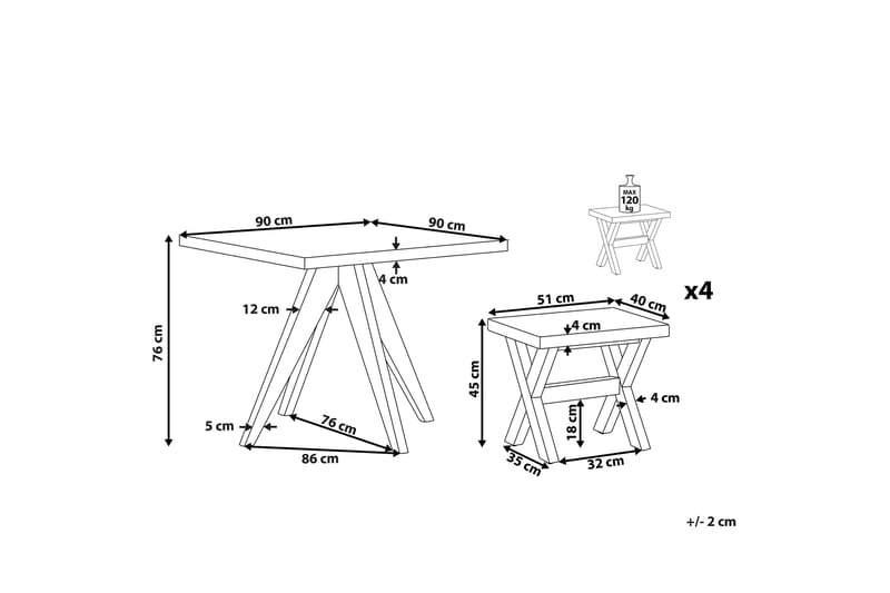 Havesæt med bord og 4 skamler 90x90 OLBIA - Grå - Altansæt - Cafesæt