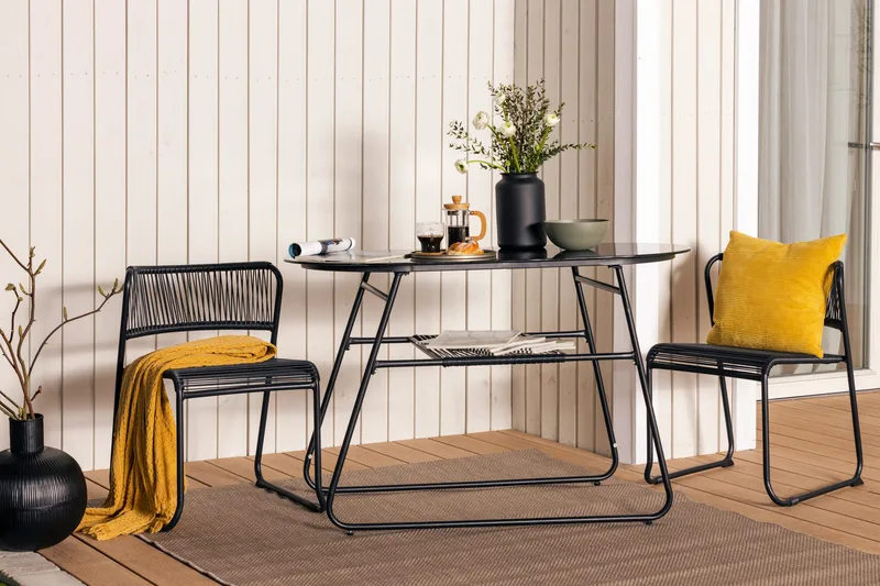Lamborg Cafésæt 120 cm Ovalt + 2 Stole - Glas/Sort - Havemøbler - Udendørsgruppe - Cafesæt