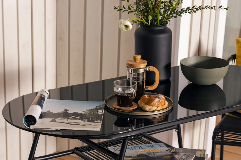 Lamborg Cafésæt 120 cm Ovalt + 2 Stole - Glas/Sort - Havemøbler - Udendørsgruppe - Cafesæt