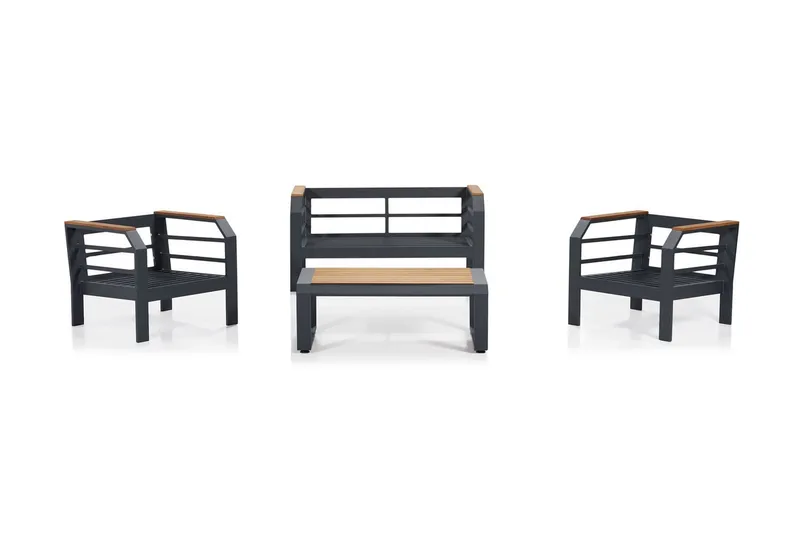 Lassento Cafésæt 137 cm + 2-Pers. Sofa + 2 Lænestole - Grå/Sort - Havemøbler - Udendørsgruppe - Cafesæt