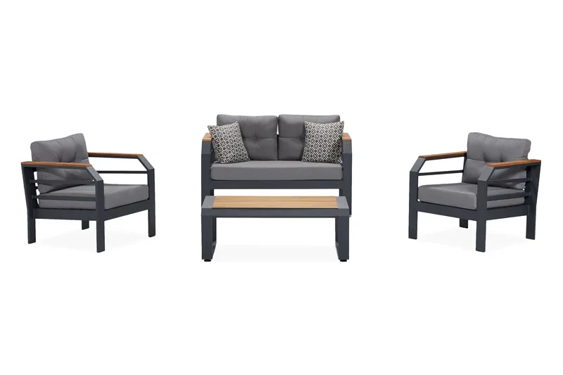 Lassento Cafésæt 137 cm + 2-Pers. Sofa + 2 Lænestole, Grå/Sort