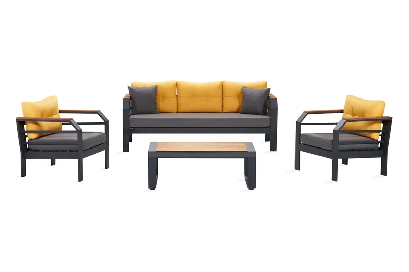 Lassento Cafésæt 197 cm + 3-Pers. Sofa + 2 Lænestole, Gul/Grå/Sort