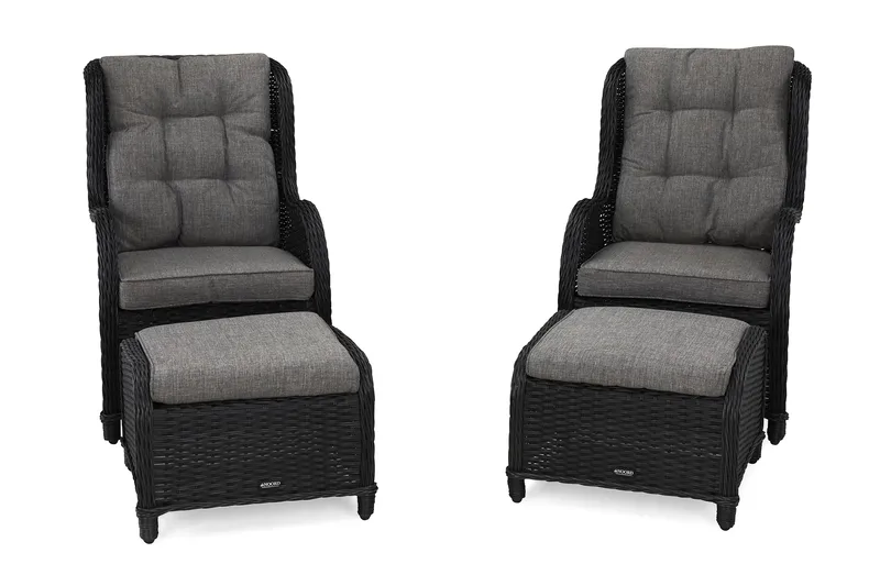 Marcus Øreklapstol med Fodskammel m Hynde 2-pak - Sort - Havemøbler - Balkon - Balkonmøbler - Altansæt