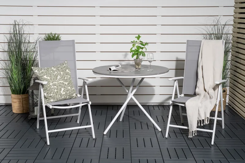 Parma Cafésæt Ø90 cm + 2 Break Positionsstolee - Hvid/Grå - Havemøbler - Balkon - Balkonmøbler - Altansæt