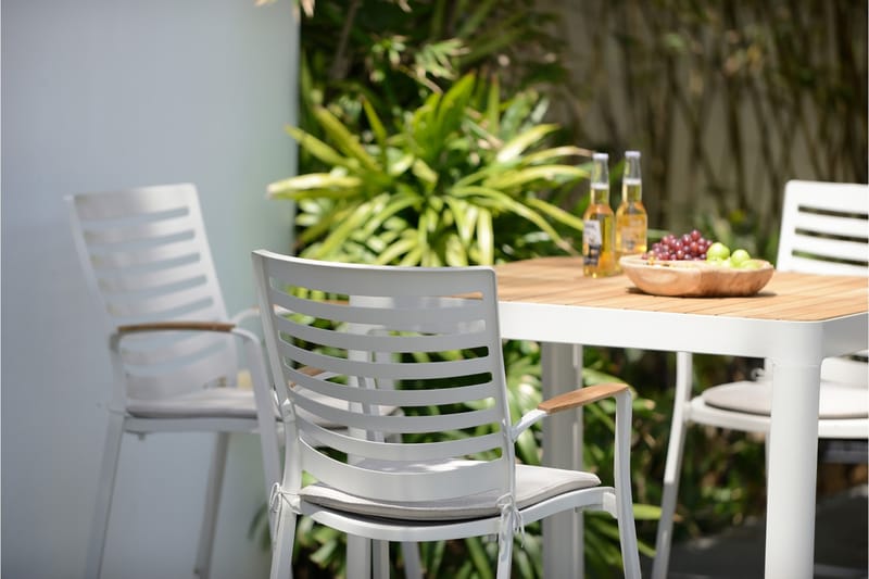Portals Bargruppe 95 cm + Barstol - Vit / teak - Havemøbler - Balkon - Balkonmøbler - Altansæt