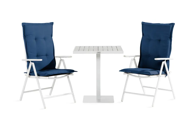 Tunis Cafésæt 70x70 + 2 Maggie positionstol med hynder, Hvid / grå / blå