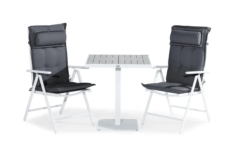 Tunis Cafésæt 70x70 + 2 Maggie Positionsstol m. Hynde, Hvid/Grå