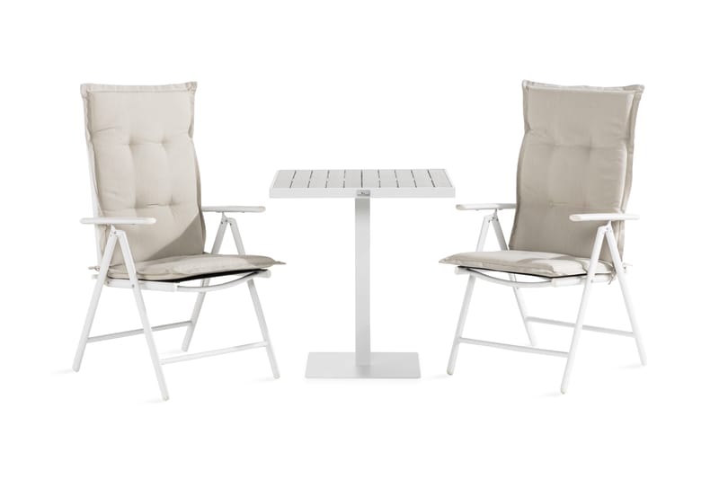 Tunis Cafésæt 70x70 + 2 Maggie positionstol med hynder - Hvid / grå / Offwhite - Havemøbler - Balkon - Balkonmøbler - Altansæt