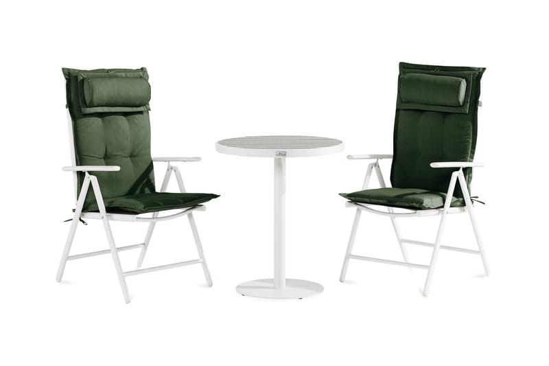Tunis Cafésæt 70x70 + 2 Maggie positionstol med hynder - Hvid / grå / grøn - Altansæt - Cafesæt