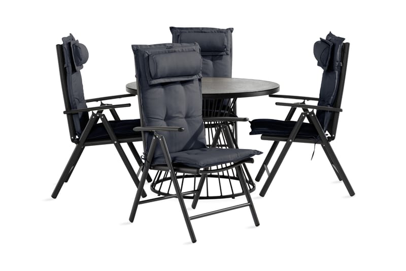 Cage Spisebordssæt + 4 Maggie Positionsstole med Hynde - Sort / grå - Havesæt