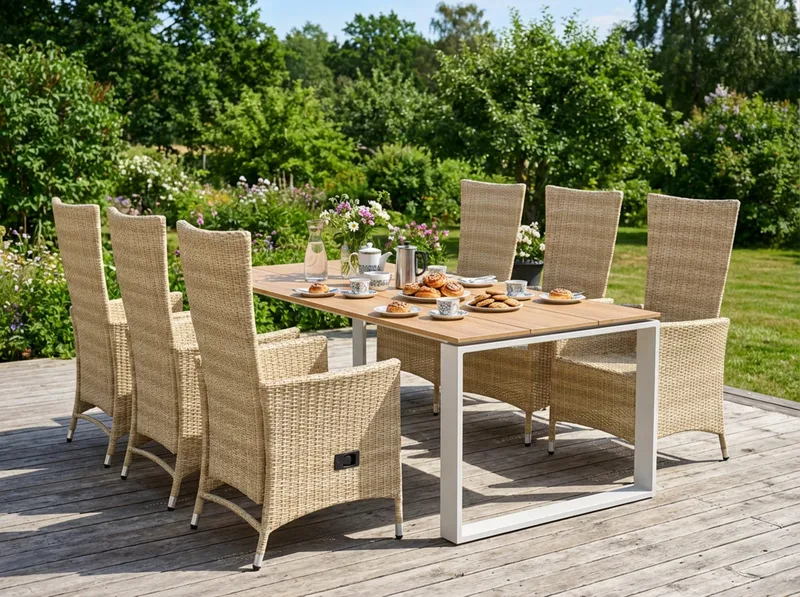 Devon udendørs spisebordssæt 210x100 cm med 6 Jenny spisestole - Beige/Teak - Havemøbler - Udendørsgruppe - Havesæt