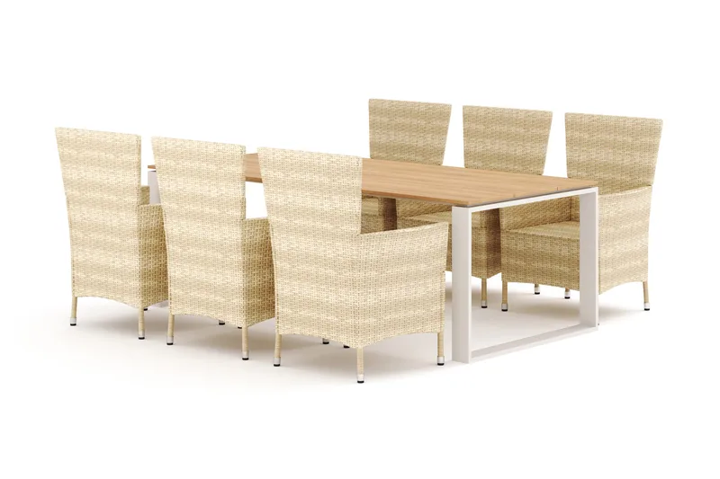 Devon udendørs spisebordssæt 210x100 cm med 6 Thor lænestole, Beige/Teak