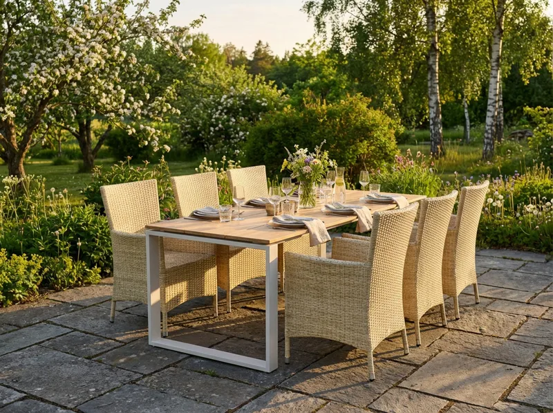 Devon udendørs spisebordssæt 210x100 cm med 6 Thor lænestole - Beige/Teak - Havemøbler - Udendørsgruppe - Havesæt