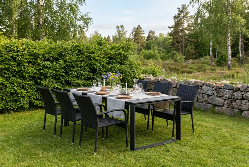 Devon udendørs spisebordssæt 210x100 cm med 6 Thor Light udendørs lænestole - Sort - Havemøbler - Udendørsgruppe - Havesæt