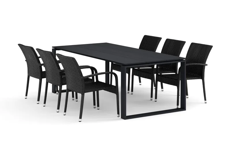 Devon udendørs spisebordssæt 210x100 cm med 6 Thor Light udendørs lænestole, Sort