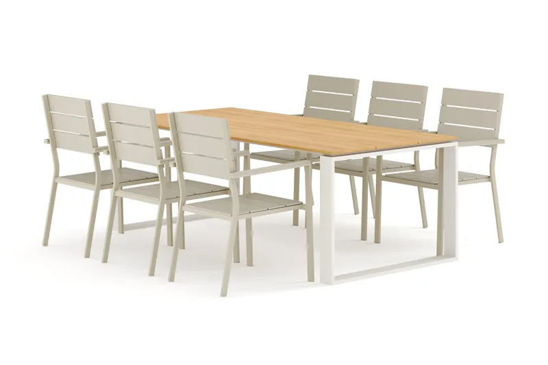 Devon udendørs spisebordssæt 210x100 cm med 6 Tunis stabelstole, Beige/Teak