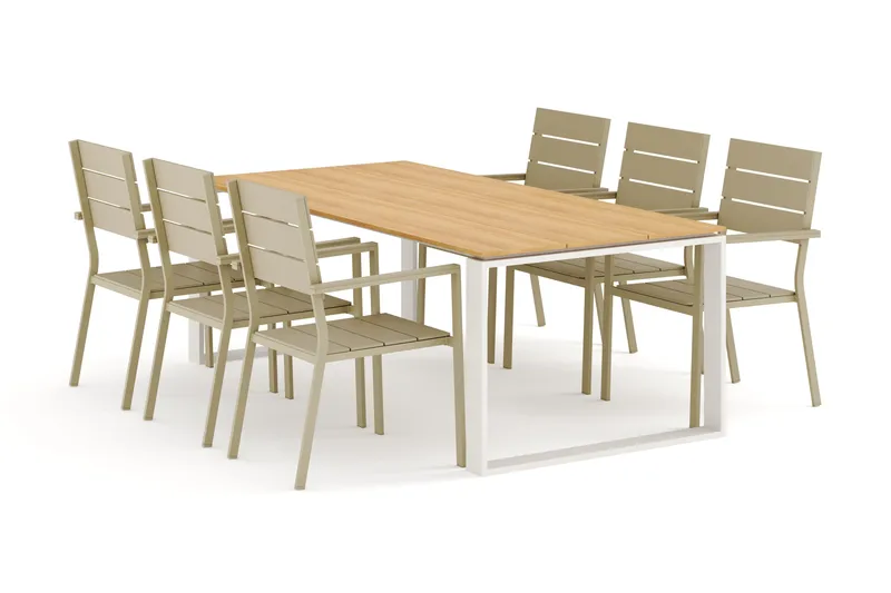 Devon udendørs spisebordssæt 210x100 cm med 6 Tunis stabelstole - Beige/Teak - Havemøbler - Udendørsgruppe - Havesæt