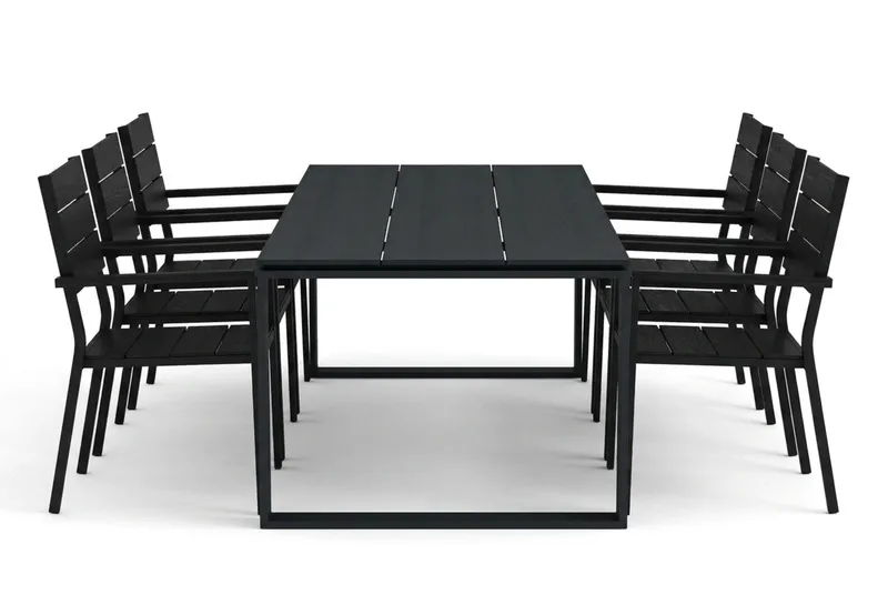 Devon udendørs spisebordssæt 210x100 cm med 6 Tunis stabelstole - Sort - Havemøbler - Udendørsgruppe - Havesæt