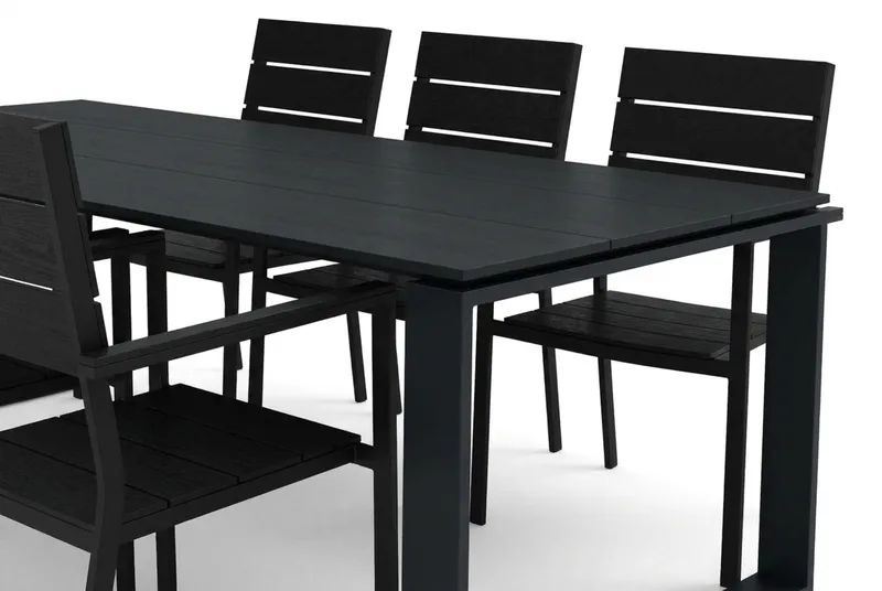 Devon udendørs spisebordssæt 210x100 cm med 6 Tunis stabelstole - Sort - Havemøbler - Udendørsgruppe - Havesæt