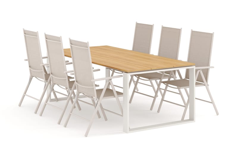 Devon udendørs spisegruppe 210x100 cm med 6 Maggie positionsstole - Beige/Teak - Havemøbler - Udendørsgruppe - Havesæt