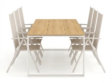 Devon udendørs spisegruppe 210x100 cm med 6 Maggie positionsstole - Beige/Teak - Havemøbler - Udendørsgruppe - Havesæt