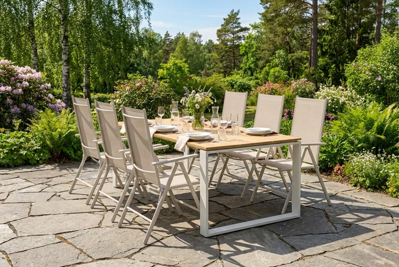 Devon udendørs spisegruppe 210x100 cm med 6 Maggie positionsstole - Beige/Teak - Havemøbler - Udendørsgruppe - Havesæt
