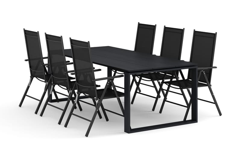 Devon udendørs spisegruppe 210x100 cm med 6 Maggie positionsstole, Sort