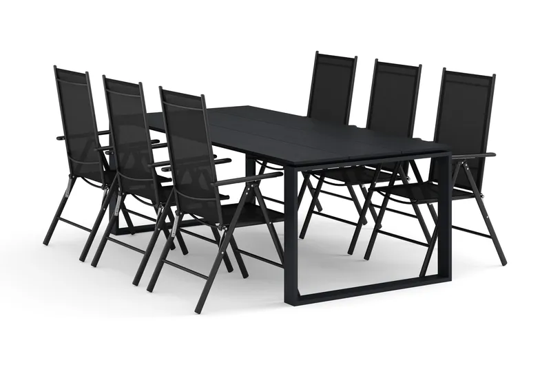 Devon udendørs spisegruppe 210x100 cm med 6 Maggie positionsstole, Sort