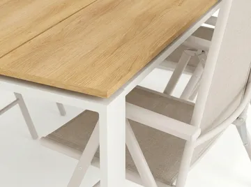 Devon udendørs spisegruppe 210x100 cm med 6 Maggie positionsstole - Beige/Teak - Havemøbler - Udendørsgruppe - Havesæt