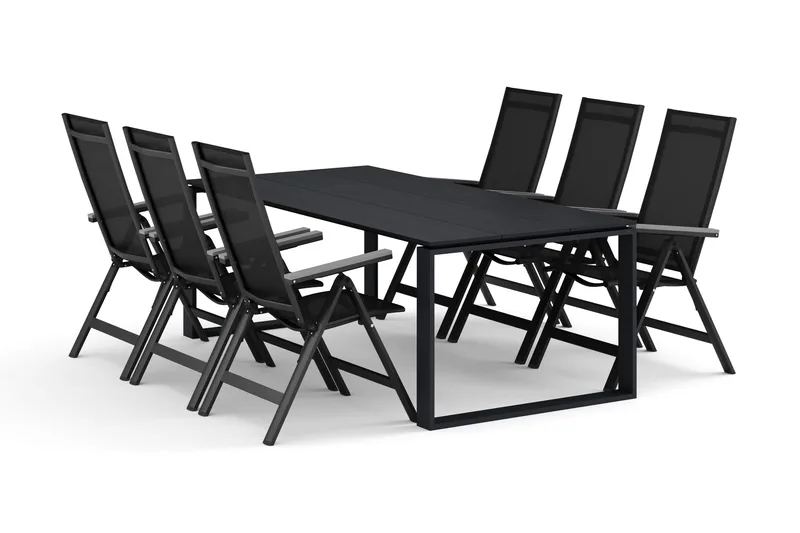 Devon udendørs spisegruppe 210x100 cm med 6 Monaco Light positionsstole, Sort