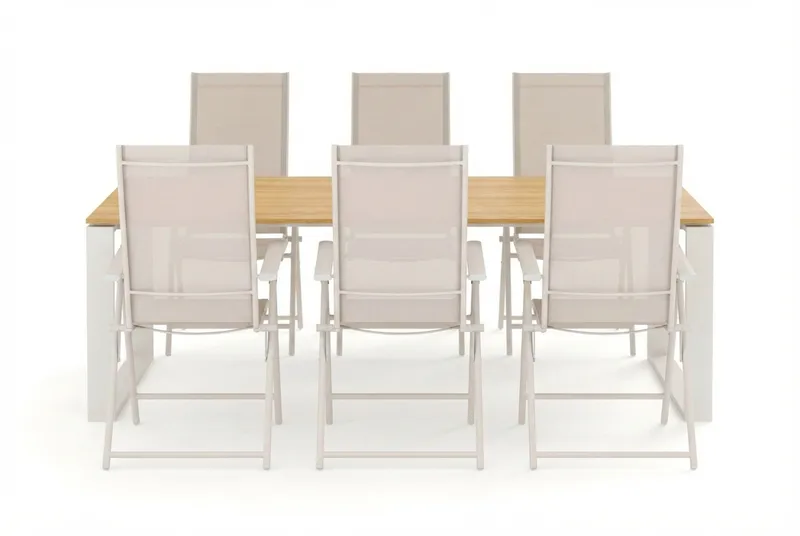 Devon udendørs spisegruppe 210x100 cm med 6 Sanna positionsstole - Beige/Teak - Havemøbler - Udendørsgruppe - Havesæt