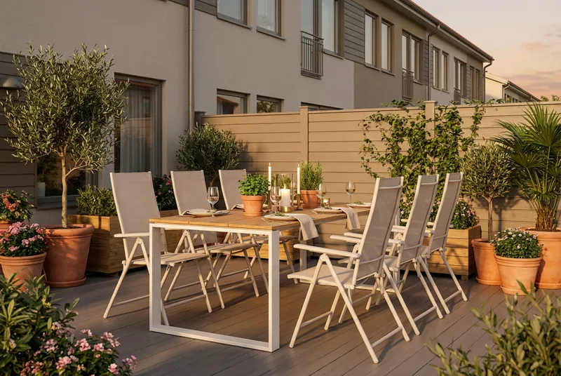 Devon udendørs spisegruppe 210x100 cm med 6 Sanna positionsstole - Beige/Teak - Havemøbler - Udendørsgruppe - Havesæt