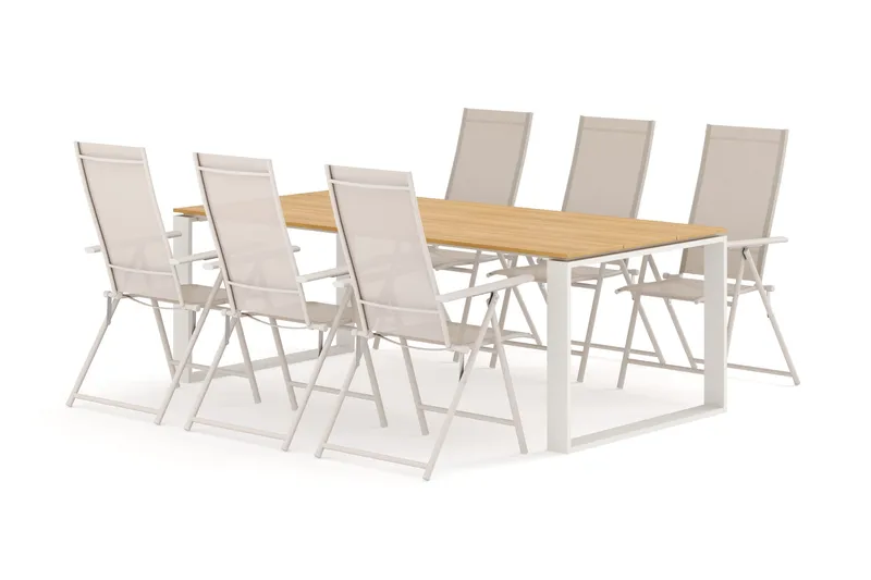 Devon udendørs spisegruppe 210x100 cm med 6 Sanna positionsstole, Beige/Teak