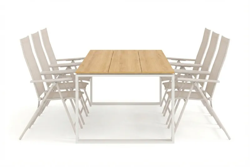 Devon udendørs spisegruppe 210x100 cm med 6 Sanna positionsstole - Beige/Teak - Havemøbler - Udendørsgruppe - Havesæt