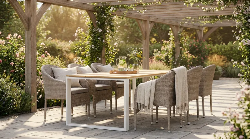 Devon udendørs spisegruppe 210x100 cm med 6 Thor lænestole - Beige/Teak - Havemøbler - Udendørsgruppe - Havesæt