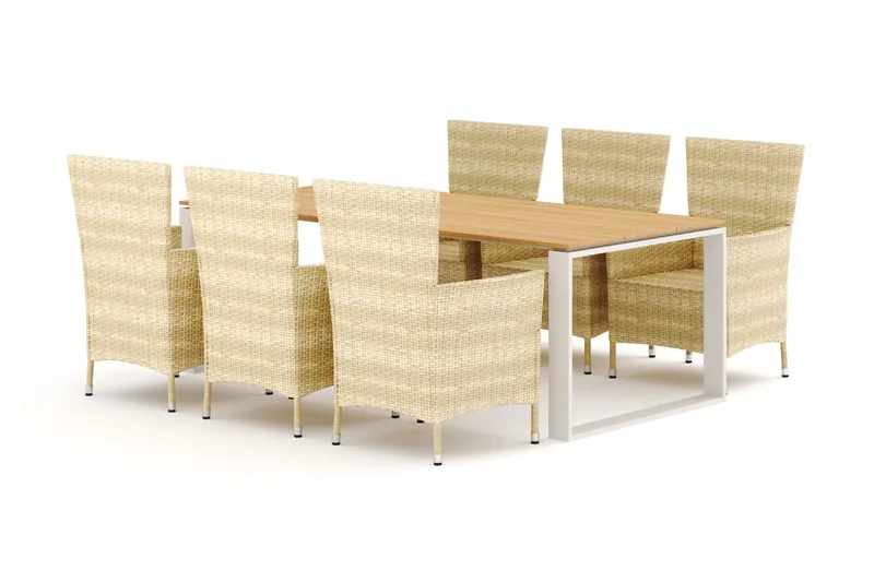 Devon udendørs spisegruppe 210x100 cm med 6 Thor lænestole, Beige/Teak