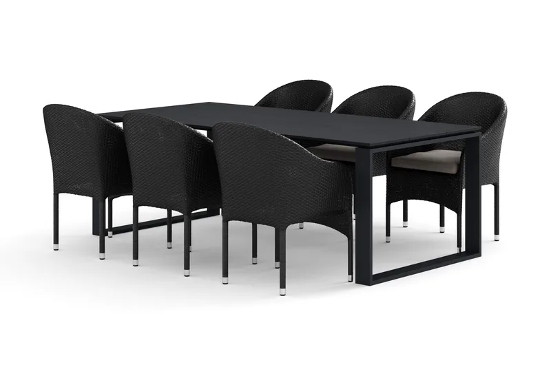 Devon udendørs spisegruppe 210x100 cm med 6 Thor lænestole, Sort