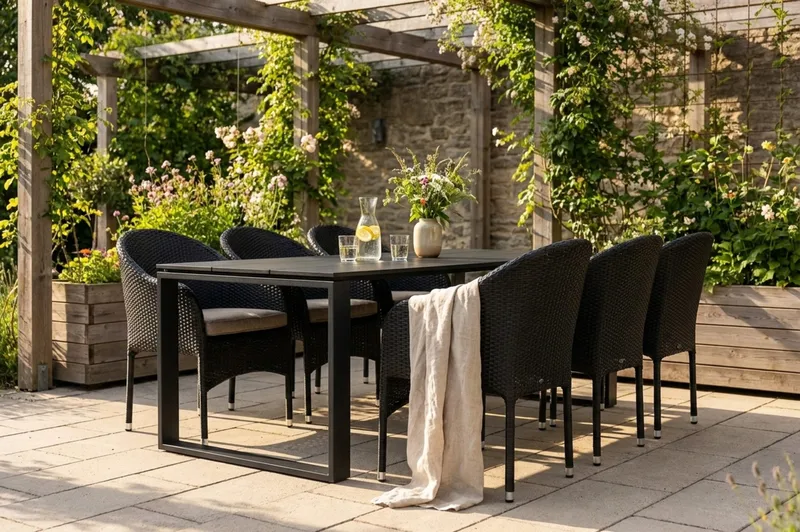 Devon udendørs spisegruppe 210x100 cm med 6 Thor lænestole - Sort - Havemøbler - Udendørsgruppe - Havesæt