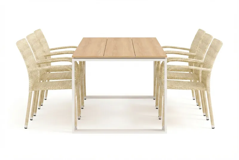 Devon udendørs spisegruppe 210x100 cm med 6 Thor Light udendørs lænestole - Beige/Teak - Havemøbler - Udendørsgruppe - Havesæt