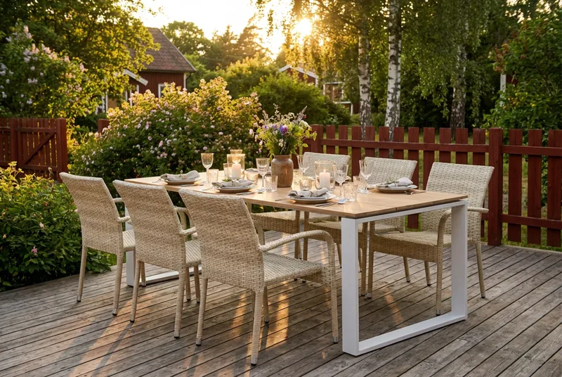 Devon udendørs spisegruppe 210x100 cm med 6 Thor Light udendørs lænestole - Beige/Teak - Havemøbler - Udendørsgruppe - Havesæt
