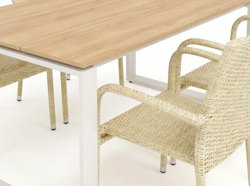 Devon udendørs spisegruppe 210x100 cm med 6 Thor Light udendørs lænestole - Beige/Teak - Havemøbler - Udendørsgruppe - Havesæt