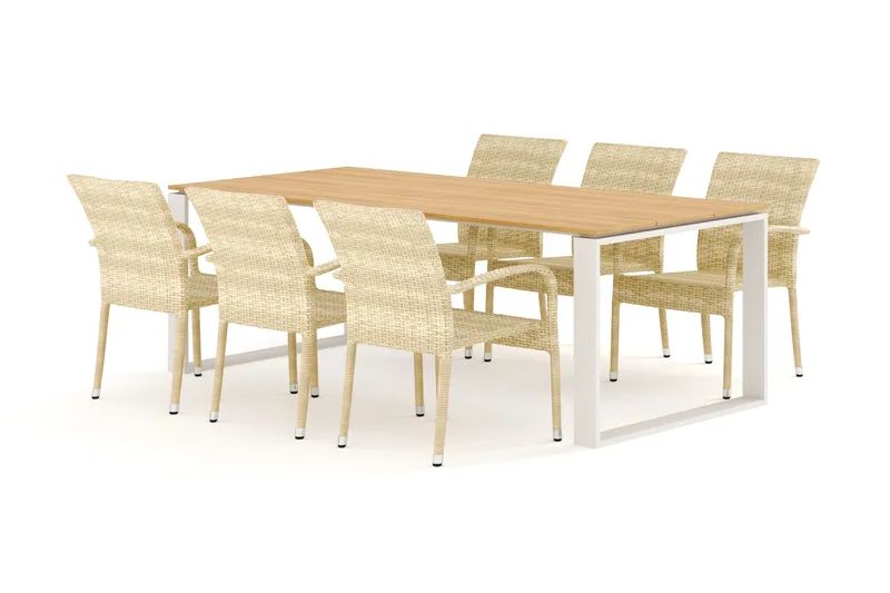 Devon udendørs spisegruppe 210x100 cm med 6 Thor Light udendørs lænestole - Beige/Teak - Havemøbler - Udendørsgruppe - Havesæt