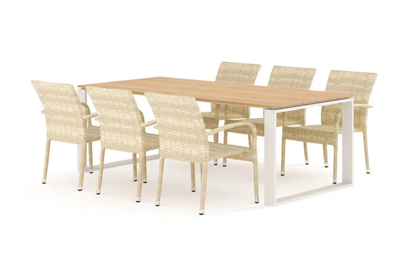 Devon udendørs spisegruppe 210x100 cm med 6 Thor Light udendørs lænestole, Beige/Teak