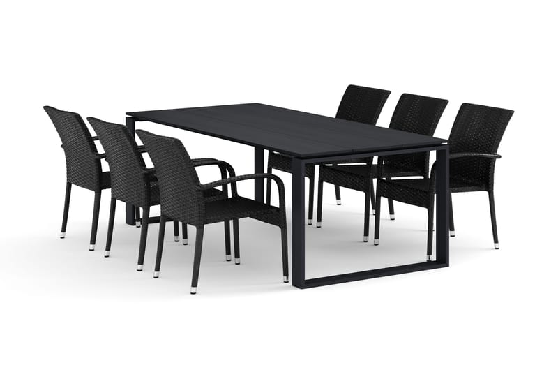 Devon udendørs spisegruppe 210x100 cm med 6 Thor Light udendørs lænestole, Sort