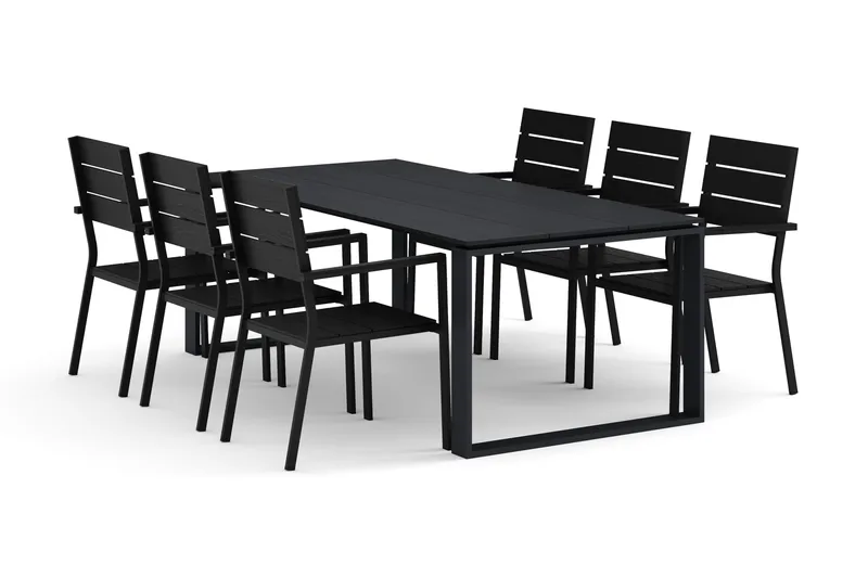 Devon udendørs spisegruppe 210x100 cm med 6 Tunis stabelstole - Sort - Havemøbler - Udendørsgruppe - Havesæt